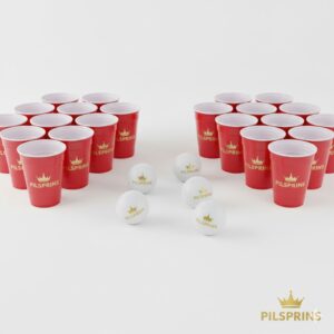 Zes witte glow in the dark beerpong ballen op witte achtergrond - Pilsprins